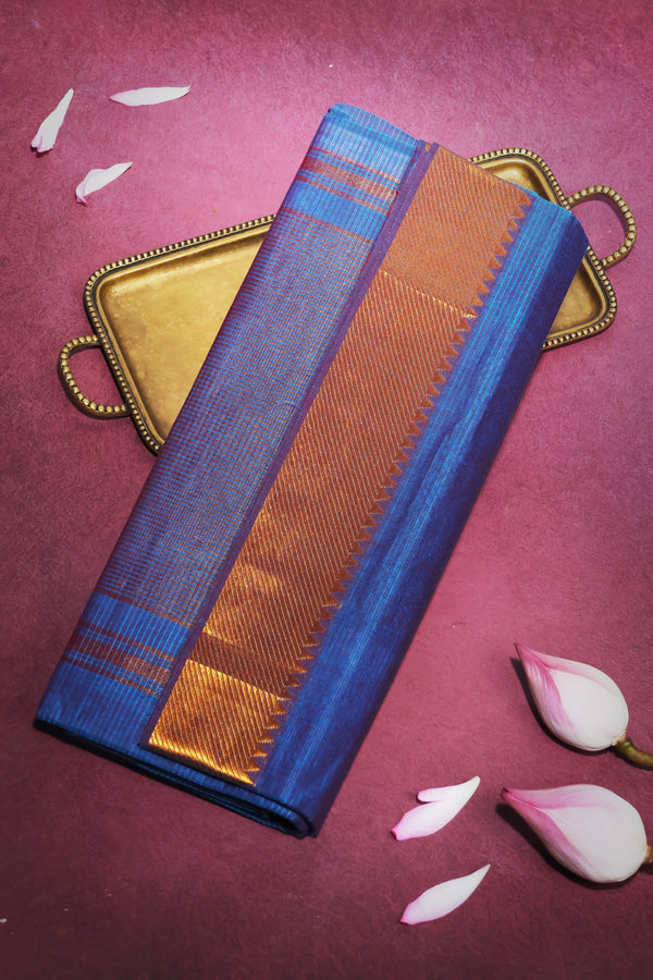 Blue Mangalgiri Cotton Saree with Broad Gold Nizam Border