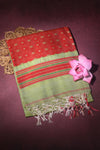 Kamona- Pure Tussar Silk Cotton Pista Green and Red