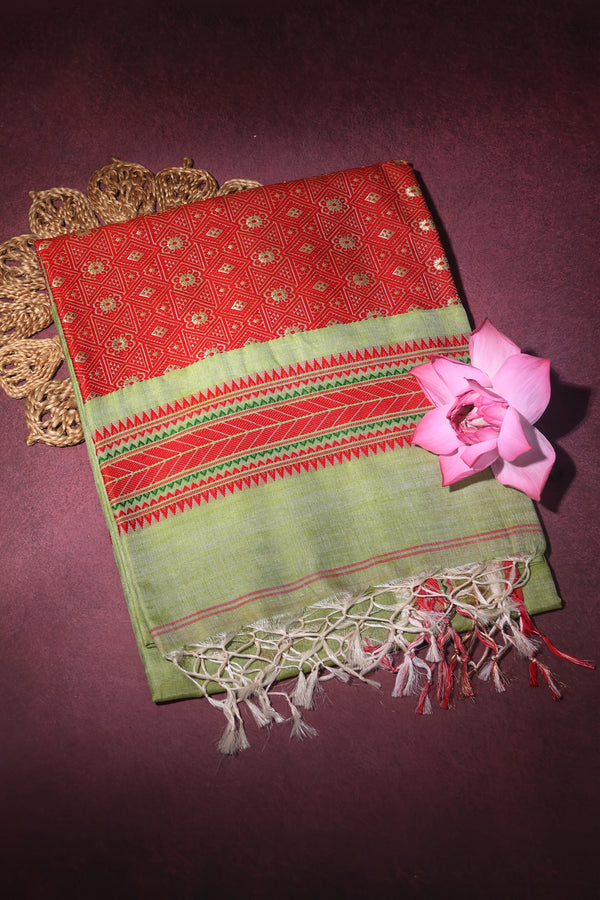 Kamona- Pure Tussar Silk Cotton Pista Green and Red