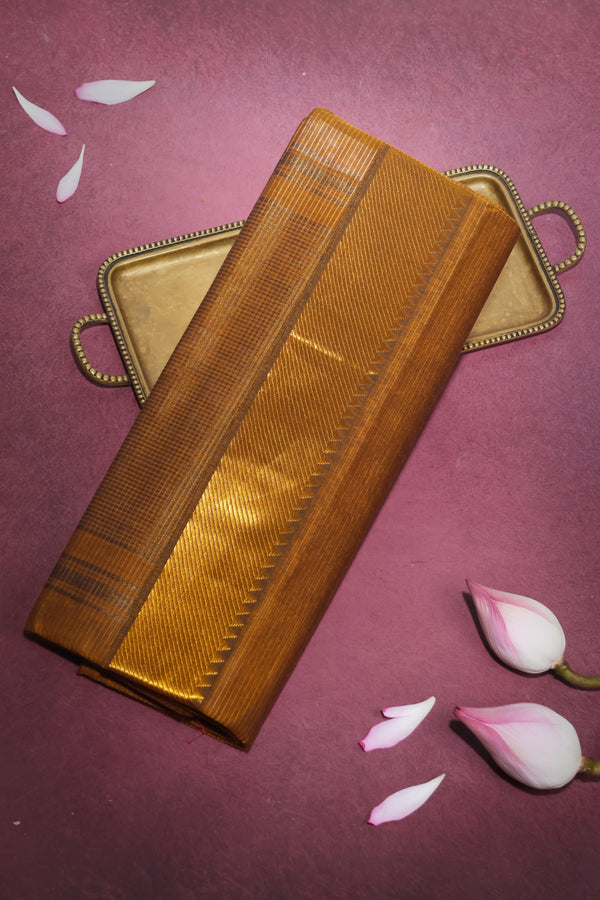 Mangalgiri Cotton Saree with Broad Gold Nizam Border- Mustard brown
