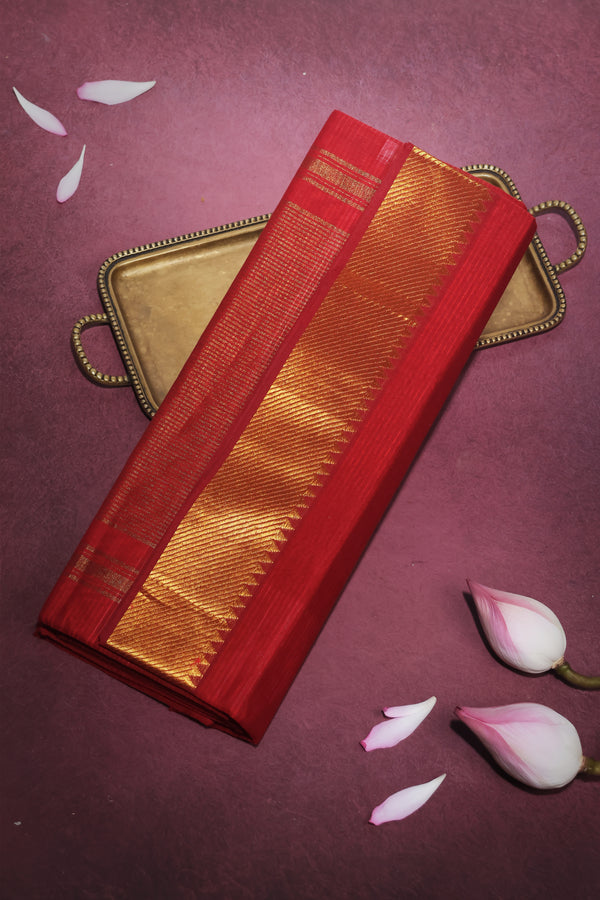 Devi Red Mangalgiri Cotton Saree with Broad Gold Nizam Border