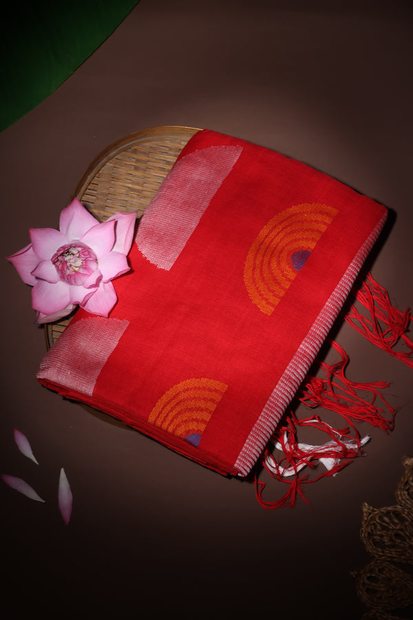 Pujo special !!Geometric Jamdani - Red. Pure handwoven