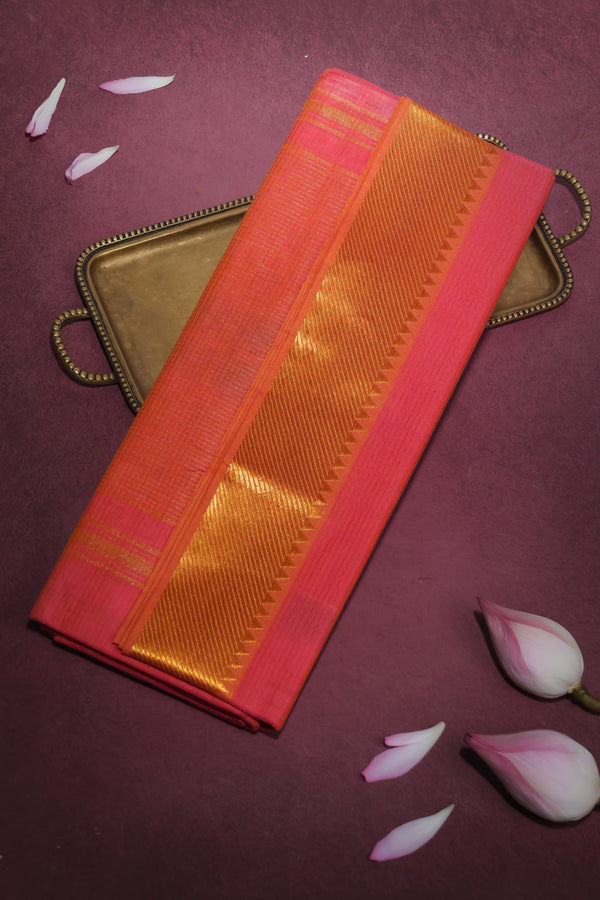 Peach Pink Blush Mangalgiri Cotton Saree with Broad Gold Nizam Border