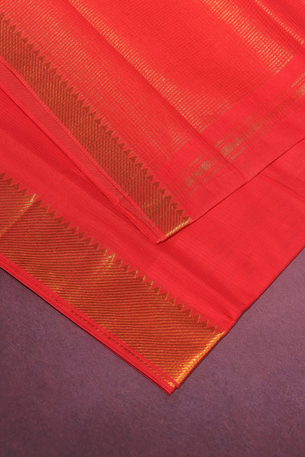 Tomato Red Mangalgiri Cotton Saree with Broad Gold Nizam Border