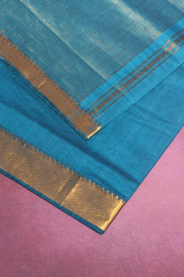 Cerulean Blue Mangalgiri Cotton Saree with Broad Gold Nizam Border