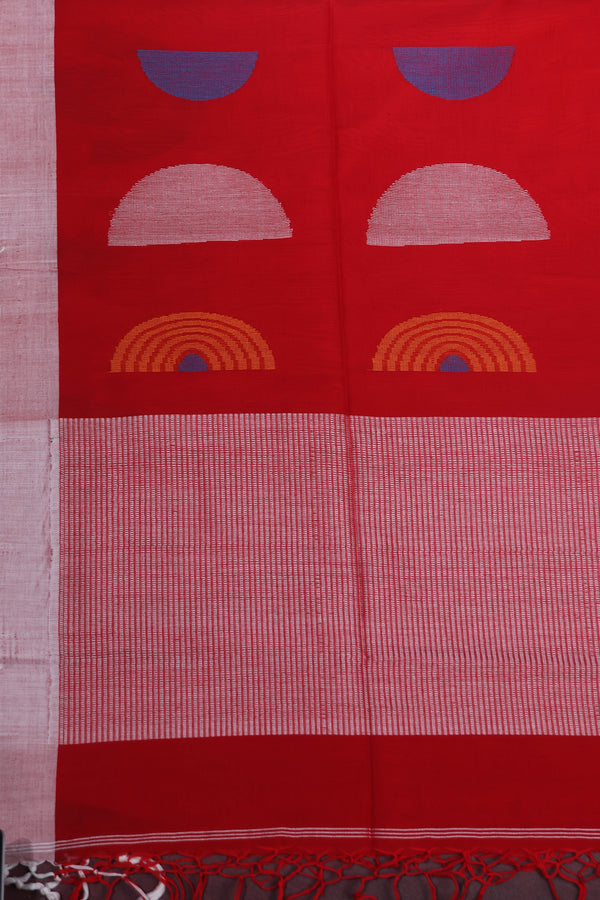 Pujo special !!Geometric Jamdani - Red. Pure handwoven