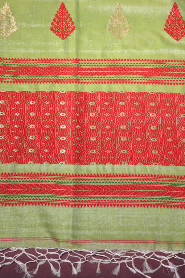 Kamona- Pure Tussar Silk Cotton Pista Green and Red