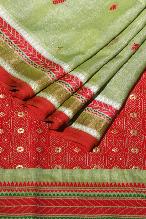 Kamona- Pure Tussar Silk Cotton Pista Green and Red