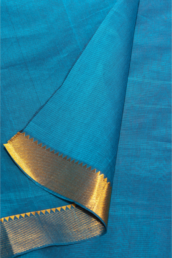 Cerulean Blue Mangalgiri Cotton Saree with Broad Gold Nizam Border