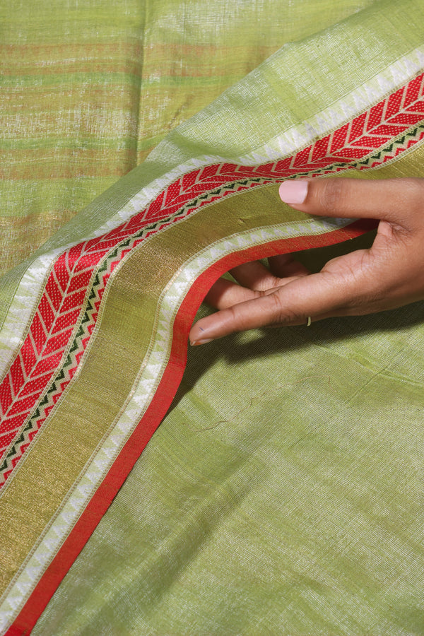 Kamona- Pure Tussar Silk Cotton Pista Green and Red