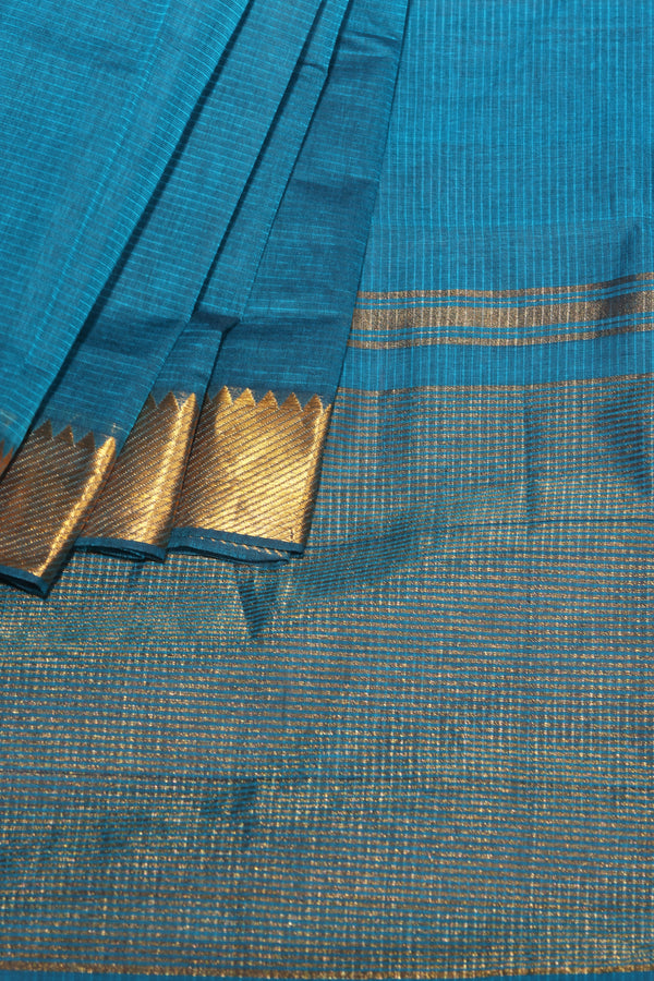 Cerulean Blue Mangalgiri Cotton Saree with Broad Gold Nizam Border