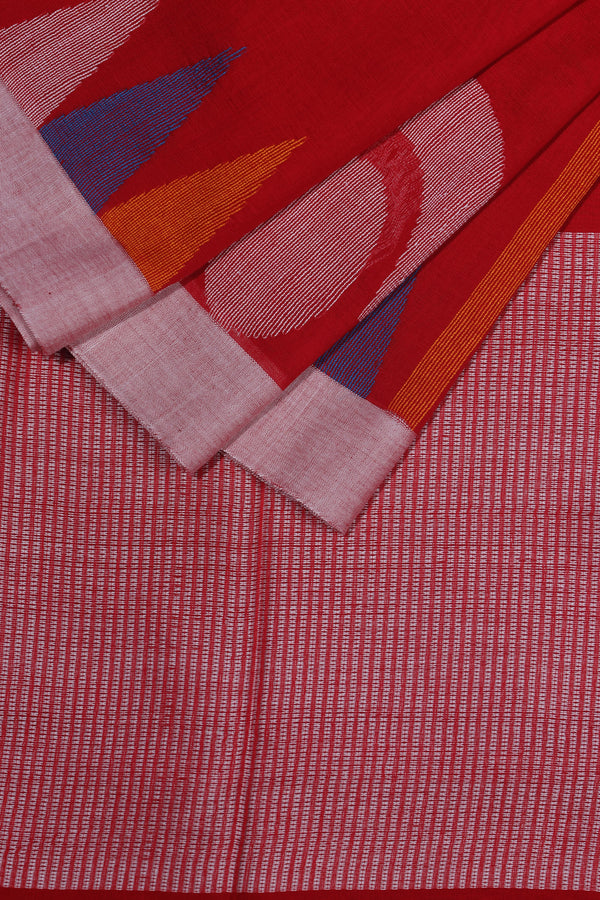 Pujo special !!Geometric Jamdani - Red. Pure handwoven