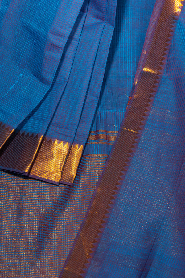 Blue Mangalgiri Cotton Saree with Broad Gold Nizam Border