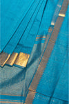 Cerulean Blue Mangalgiri Cotton Saree with Broad Gold Nizam Border