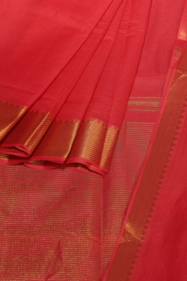 Tomato Red Mangalgiri Cotton Saree with Broad Gold Nizam Border