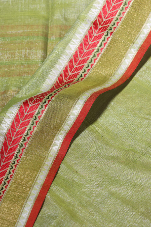 Kamona- Pure Tussar Silk Cotton Pista Green and Red