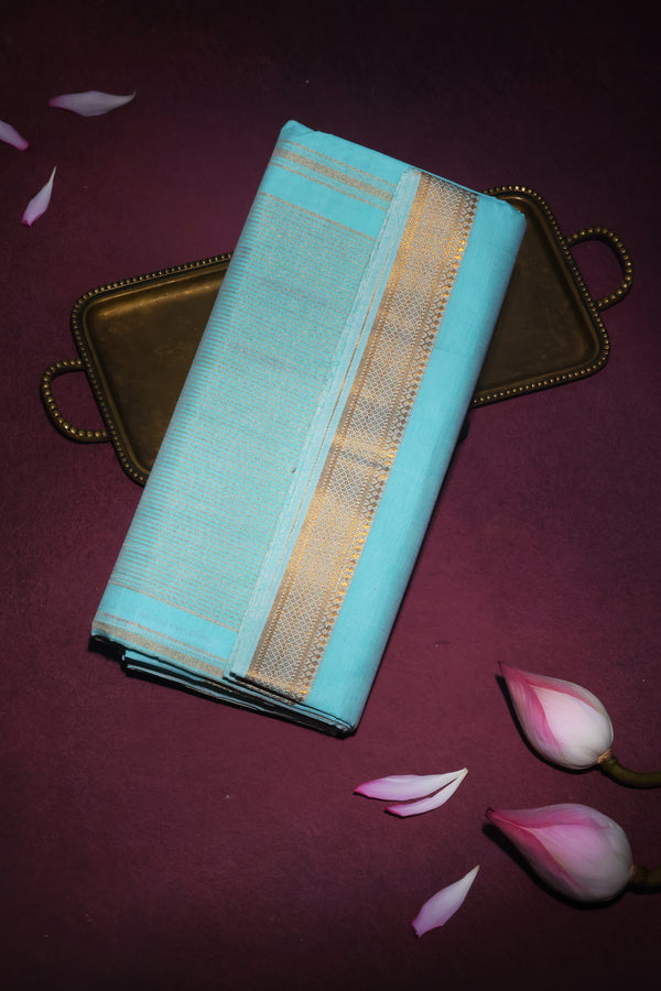 Mangalgiri cotton with Nizam Border- Teal Blue