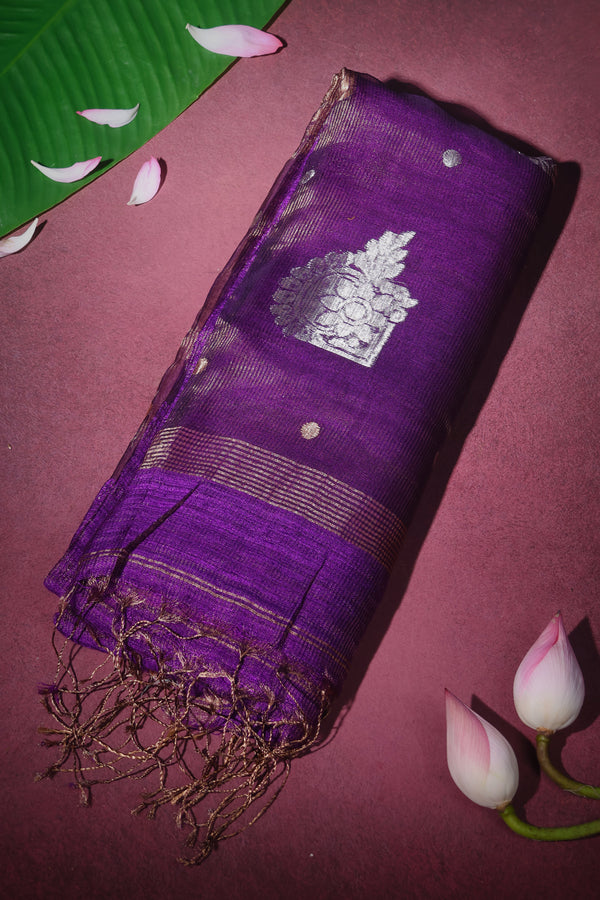 Purple Matka Muslin Saree with Copper & Silver Motifs – Silk Mark Certified