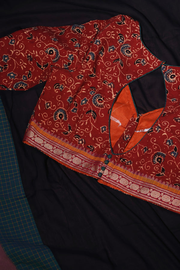 H.O.T curated - Black Mul cotton with Ajrakh and green chettinad checks border - The lotus pallu