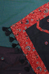 H.O.T curated - Black Mul cotton with Ajrakh and green chettinad checks border - The lotus pallu
