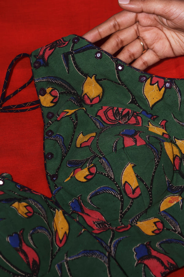 H.O.T curated - Tisha's Burnt brick mul cotton patch work and pure silk hand painted Kalamkari pallu and hand sewn mirrors.