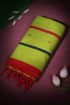 Grass Green Handwoven Cotton Jamdani Saree with Red Khesh Pallu | Curated Fusion