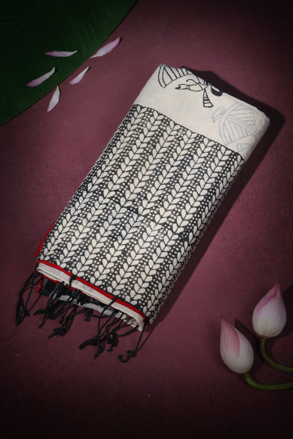 Shatranj – Block Printed Chapa Saree with Gamcha Border | Curated by House of Tisha