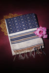 IRA-Handwoven Tussar silk cotton- Navy blue and off white
