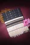 Ira - Pure Tussar Silk Cotton Off white and black with Minimal Golden border