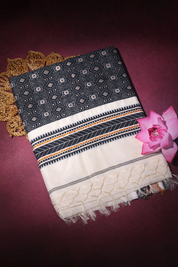Ira - Pure Tussar Silk Cotton Off white and black with Minimal Golden border