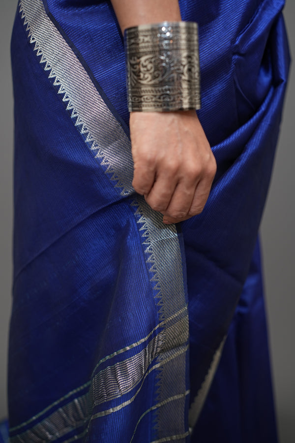 Royal blue mangalgiri silk with silver nizam border