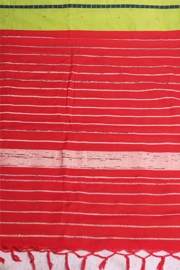 Grass Green Handwoven Cotton Jamdani Saree with Red Khesh Pallu | Curated Fusion