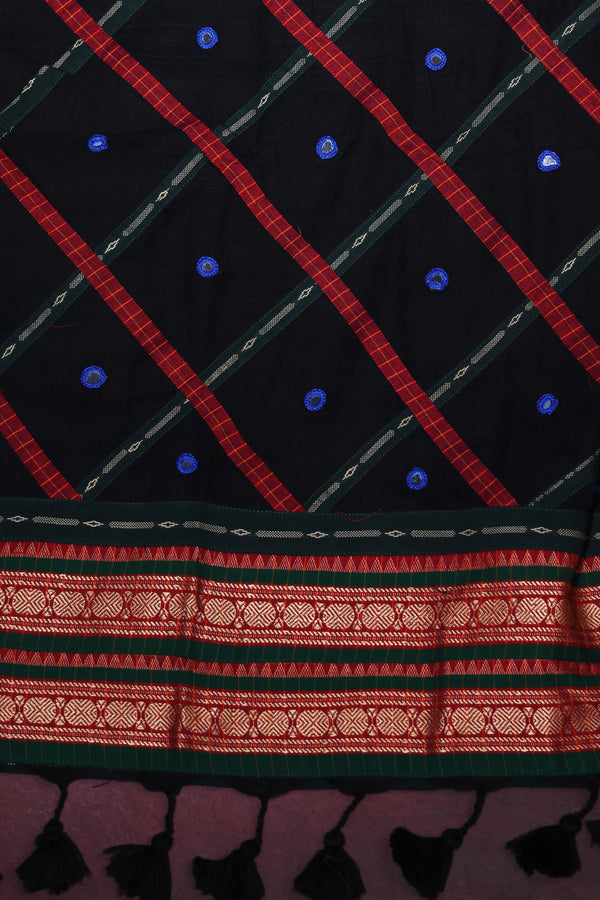 H.O.T curated- Black mull cotton with Ajrakh patch work border and mirror check patch work pallu