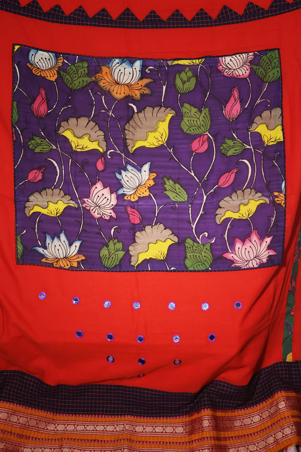 H.O.T curated - Tisha's Burnt brick mul cotton patch work and pure silk hand painted Kalamkari pallu and hand sewn mirrors.