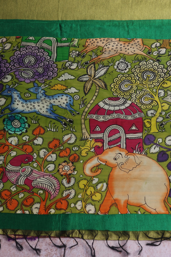 Pure Moss green Mangalgiri silk with a patch work pen Kalamkari Anchal