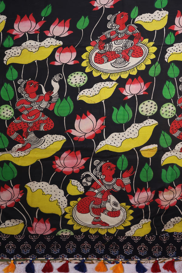 H.O.T curated - Moss green hand woven cotton jamdani with hand painted pure silk kalamkari Anchal and a double reverse border.