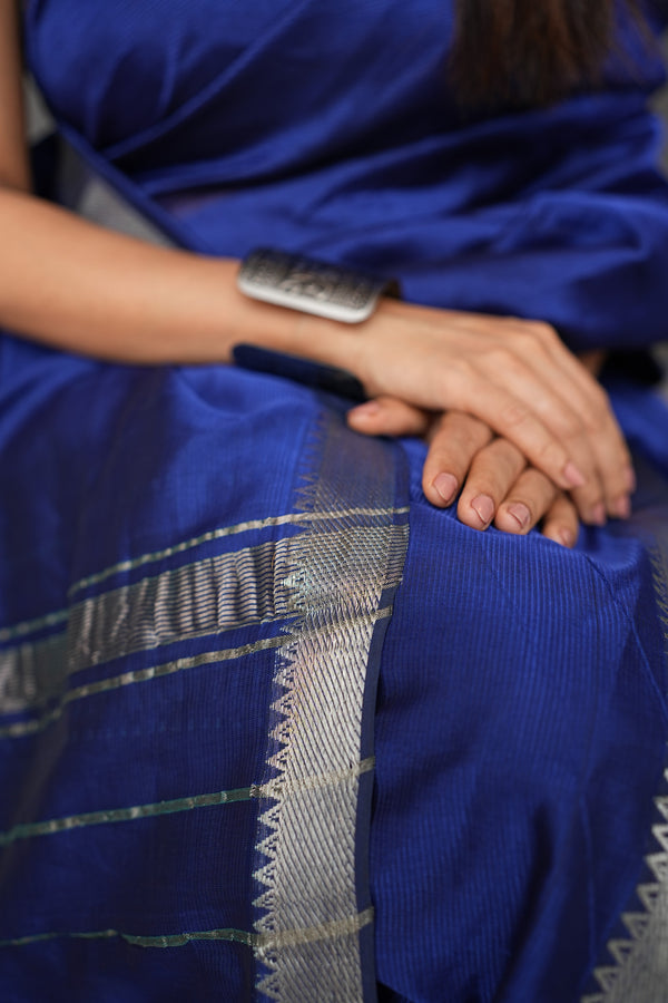 Royal blue mangalgiri silk with silver nizam border