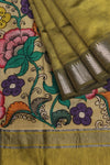 Green pure Mangalgiri silk with a hand painted pen kalamkari Anchal