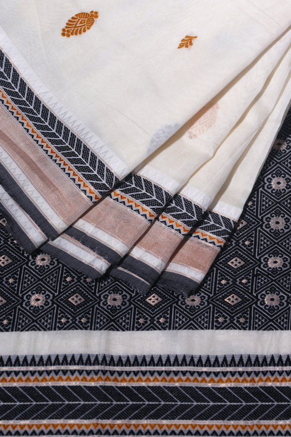 Ira - Pure Tussar Silk Cotton Off white and black with Minimal Golden border