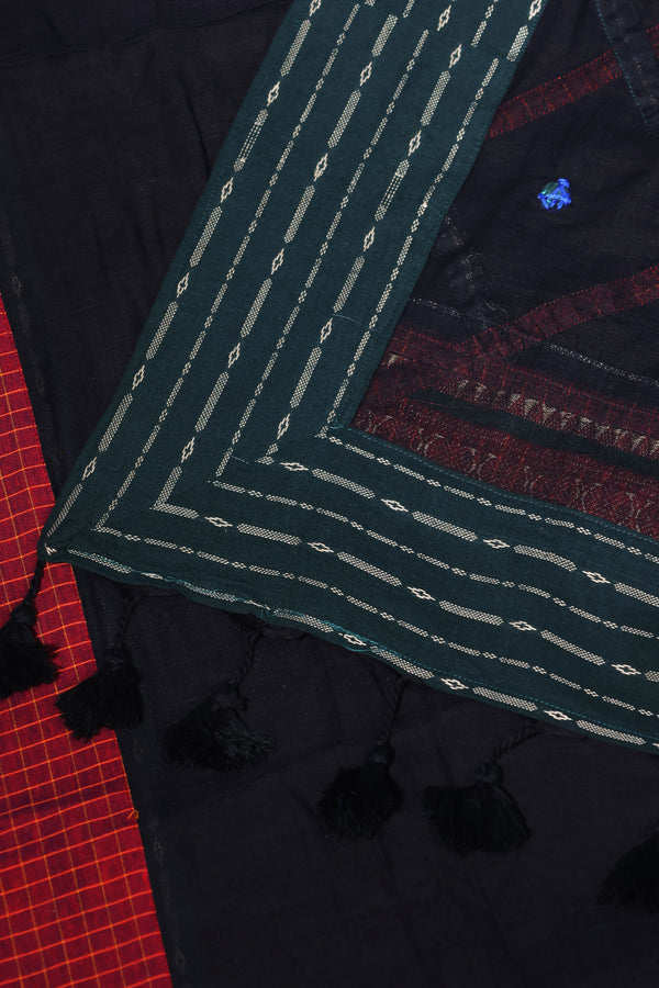 H.O.T curated- Black mull cotton with Ajrakh patch work border and mirror check patch work pallu