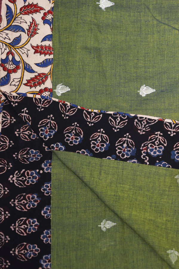 H.O.T curated - Moss green hand woven cotton jamdani with hand painted pure silk kalamkari Anchal and a double reverse border.