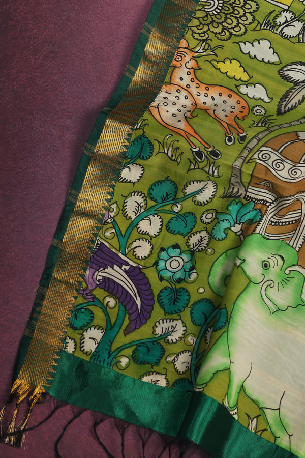 Pure Moss green Mangalgiri silk with a patch work pen Kalamkari Anchal
