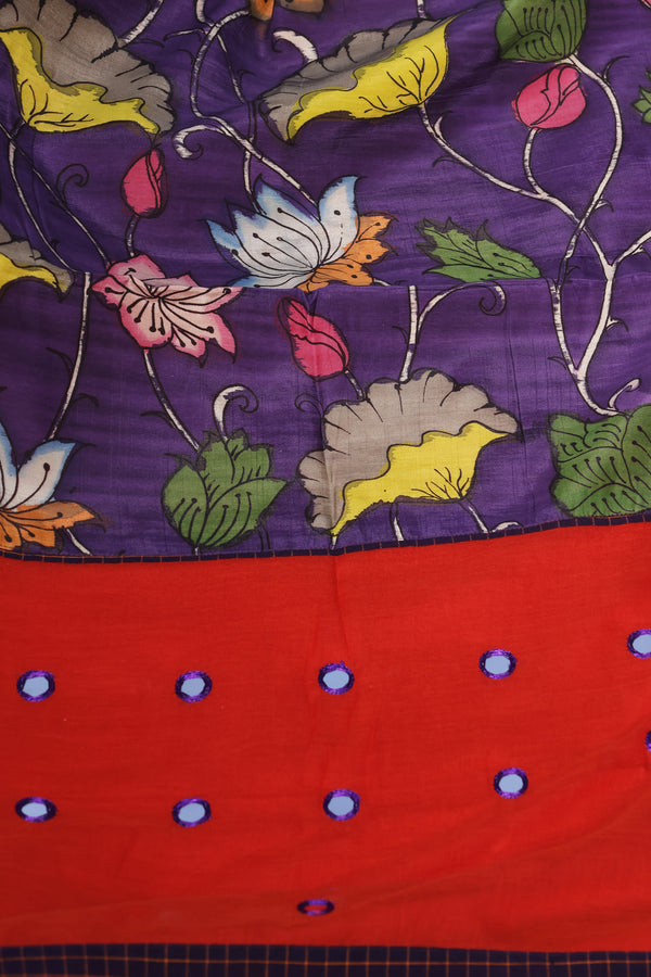H.O.T curated - Tisha's Burnt brick mul cotton patch work and pure silk hand painted Kalamkari pallu and hand sewn mirrors.
