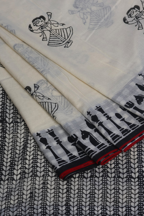 Shatranj – Block Printed Chapa Saree with Gamcha Border | Curated by House of Tisha