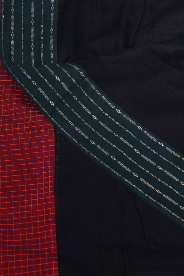 H.O.T curated- Black mull cotton with Ajrakh patch work border and mirror check patch work pallu