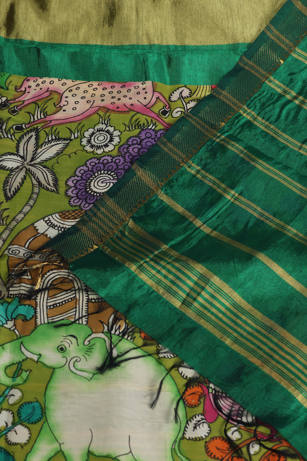 Pure Moss green Mangalgiri silk with a patch work pen Kalamkari Anchal