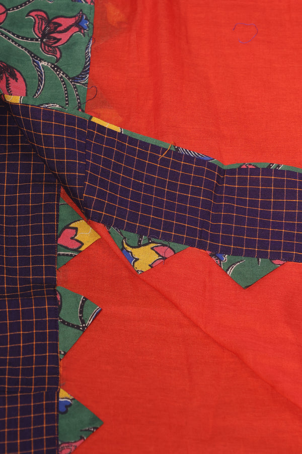 H.O.T curated - Tisha's Burnt brick mul cotton patch work and pure silk hand painted Kalamkari pallu and hand sewn mirrors.