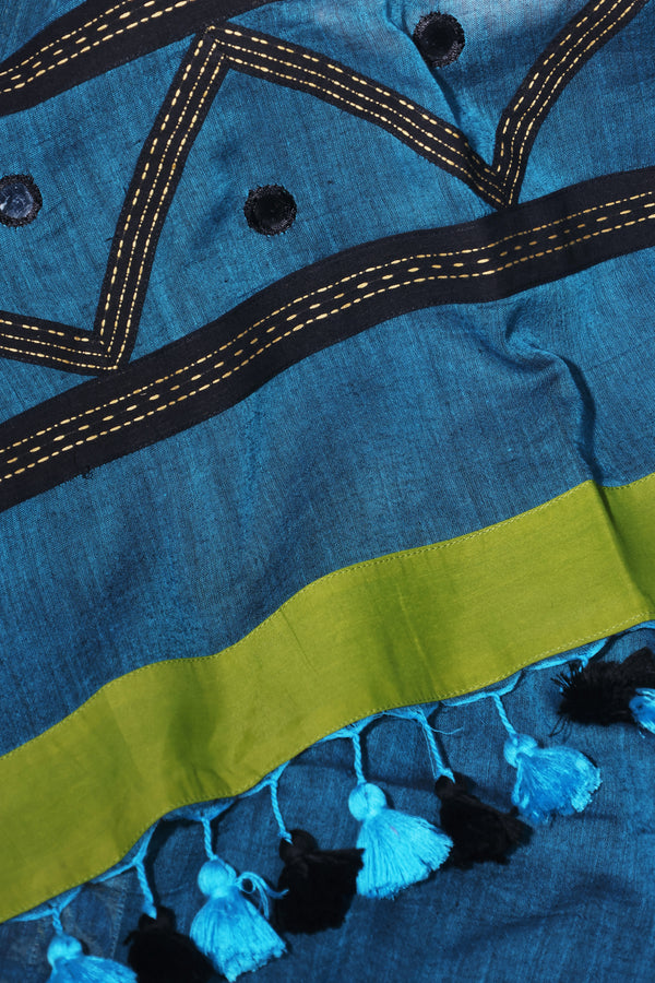 H.O.T curated - Mul Blue with Reverse border ( Black Kantha and off white kalamkari border)