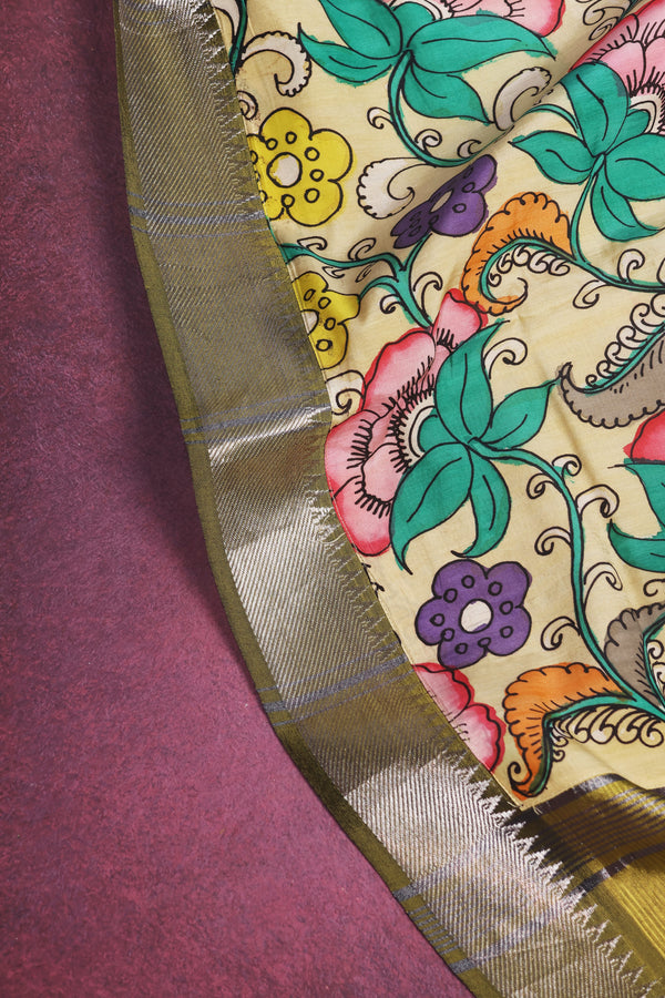 Green pure Mangalgiri silk with a hand painted pen kalamkari Anchal