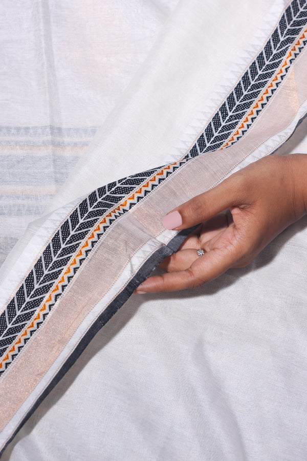 Ira - Pure Tussar Silk Cotton Off white and black with Minimal Golden border